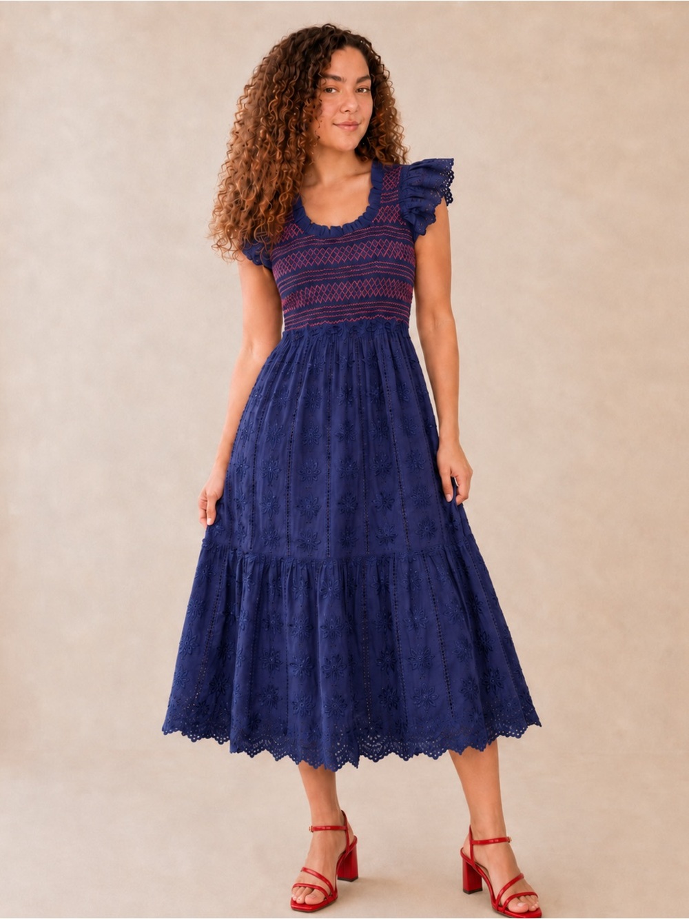 Tuckernuck Mallie Navy Embroidered Floral patched Summer Resort Maxi Dress S